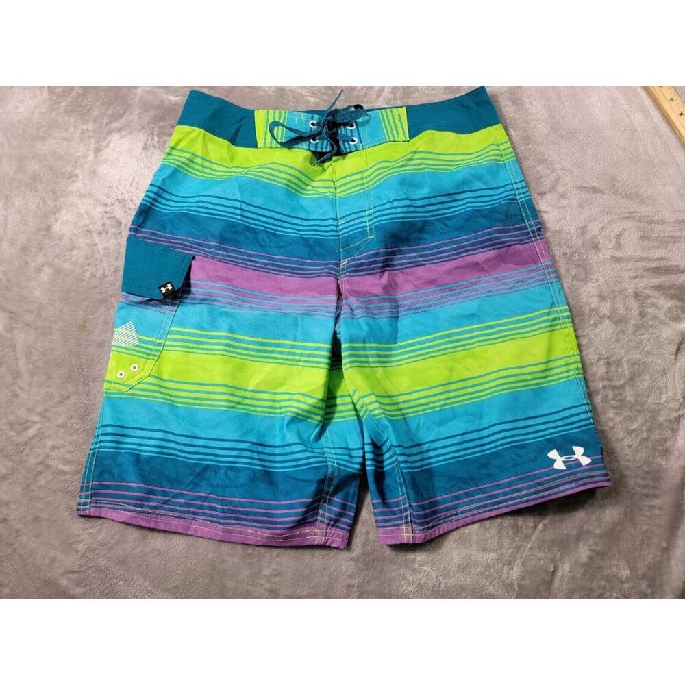 Under Armour Board Shorts Men 32x10 Blue Stripes Drawstring Waist Cargo Swimming